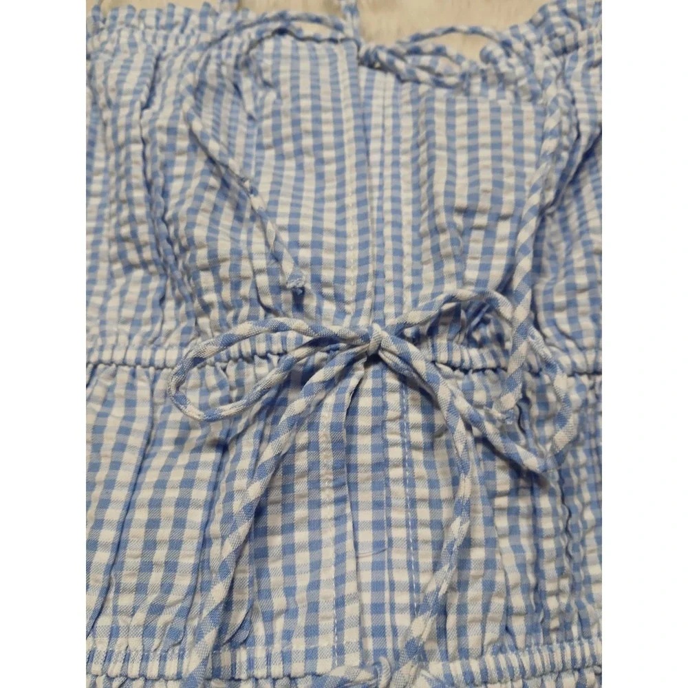 NEW No Boundaries Baby Blue Gingham Smocked Cami Crop Top Tie Front Ruffle Hem S